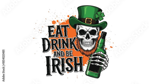 A St. Patrick's Day themed graphic featuring a skull wearing a green leprechaun hat and holding a green bottle.