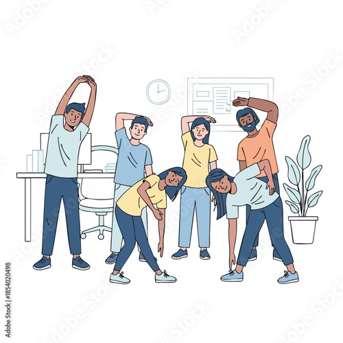 A group of people stretching and doing exercise together in a workspace