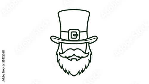 A simple black and white line drawing of a leprechaun's head with a top hat and beard.