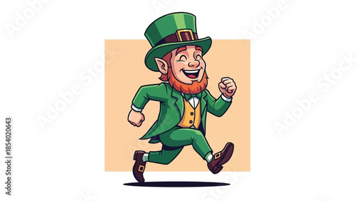 A cheerful leprechaun in a green suit and hat is running with a big smile.