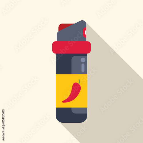 Pepper spray canister with a chili pepper icon on a label providing self defense
