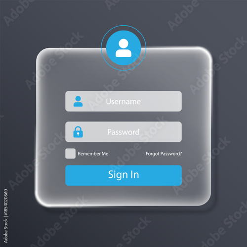 Registration and login forms page in a liquid glass style. Log In form template for ui, application, and web. Username, email and password. Glassmorphism transparent. Vector illustration.
