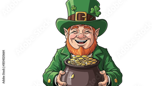 A cheerful leprechaun wearing a green hat and jacket, holding a pot overflowing with gold coins.