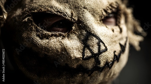 Close up of a frightening burlap mask with stitched details and a visible eye, evoking a sense of horror