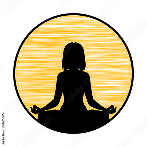 Black silhouette of a woman practicing yoga in lotus pose sitting on the lower part of a circular frame with yellow hatching inside.