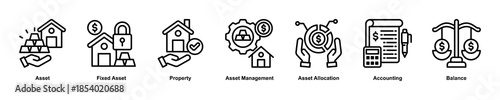 Asset Management web banner icon illustration concept with an icon of Asset,Fixed Asset,Property,Asset Allocation,Asset Management,Accounting,Balance.  Outline style