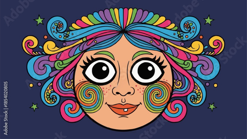 Colorful Cartoon Face with Swirly Hair.