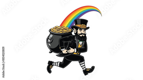 A leprechaun in a top hat runs with a pot of gold on his back under a rainbow.