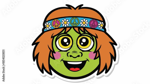 Cartoon Hippie Face with Headband and Smile.