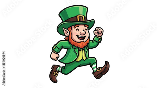 A cheerful leprechaun dressed in green attire, complete with a hat and buckled shoes, is joyfully running.