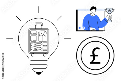 Lightbulb with packed suitcase, person holding trophy on video screen, and British pound symbol. Ideal for travel planning, success, online learning, savings, productivity, finance innovation