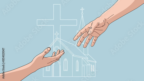 Hands reaching out in front of church with cross