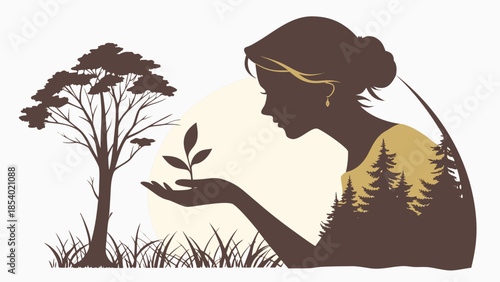 Female silhouette with a sprout and a natural landscape