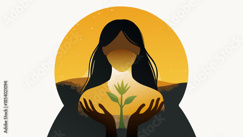 a silhouette of a girl holding a green sprout or plant in her hands