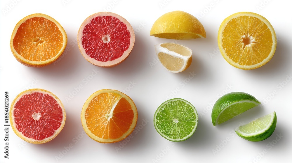 Obraz premium Citrus Symphony: A vibrant ensemble of fresh, juicy citrus fruits, sliced to reveal their inviting textures and colors, creating a visual feast of natural goodness.