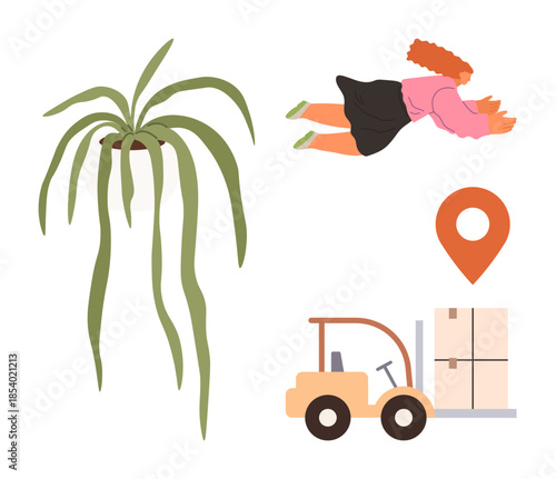 Flying woman in pink and black outfit, long-leafed potted plant, forklift carrying boxes, location pin. Ideal for logistics, environment, teamwork, creativity travel innovation exploration. Simple