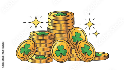 Illustration of gold coins with shamrocks, stacked and scattered, with sparkling stars.