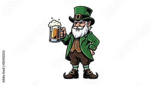 A cartoon illustration of a leprechaun holding a frothy mug of beer, celebrating St. Patrick's Day.
