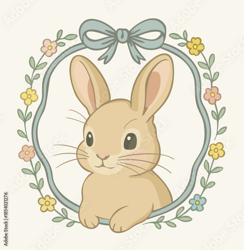 Cute Easter rabbit surrounded by delicate ribbon frame in vintage coquette style with tiny flowers and leaves. Vector isolated illustration
