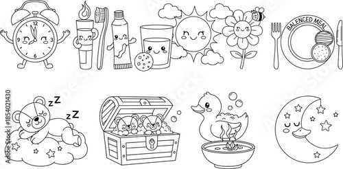 Cute kawaii daily routine icon set with morning alarm clock brushing teeth healthy breakfast and bedtime sleeping bear illustrations