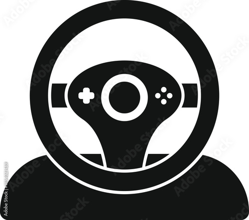 Black and white icon displaying a steering wheel controller for video game racing
