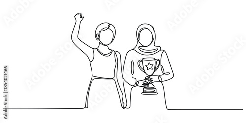 Continuous line drawing of two celebrating women