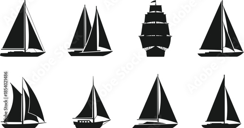 Professional sailboat and nautical ship silhouette set with various yacht designs and sailing vessels for marine travel graphics
