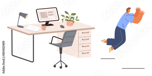 Office desk setup with computer, paper, plant, and chair, while a man jumps energetically with oversized hands. Ideal for stress, escape, work-life balance, creativity freedom ambition humor