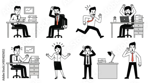 Collection of cartoon illustrations depicting various stressful office situations and employee reactions.
