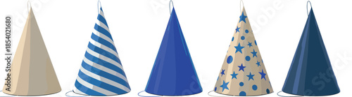 Set of colorful birthday party hats with stripes stars and solid blue patterns for festive celebration event design