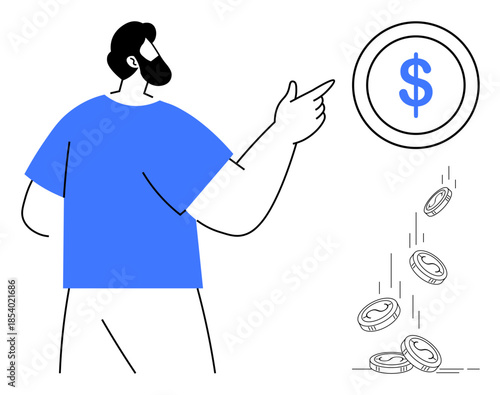 Economic growth, financial planning, investment, wealth management, money-saving, earning income. Man pointing at a dollar sign with coins falling. Financial planning and investment concept