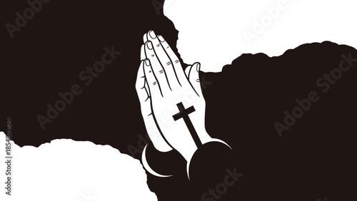 Praying hands with cross symbol on wrist in black and white