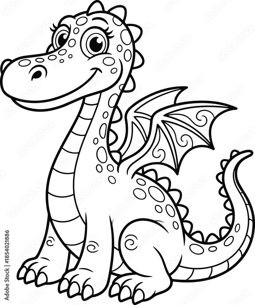 Fototapeta premium Cartoon dragon sitting pose, friendly fantasy creature, expressive eyes, spotted body, whimsical wings, cute illustration, flat vector