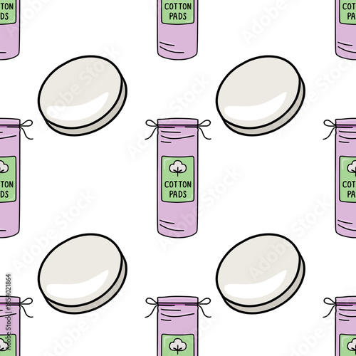 A charming vector pattern featuring pastel purple cylindrical containers of cotton pads with green labels and loose cotton pads against a clean white background, ideal for beauty and self-care themes.