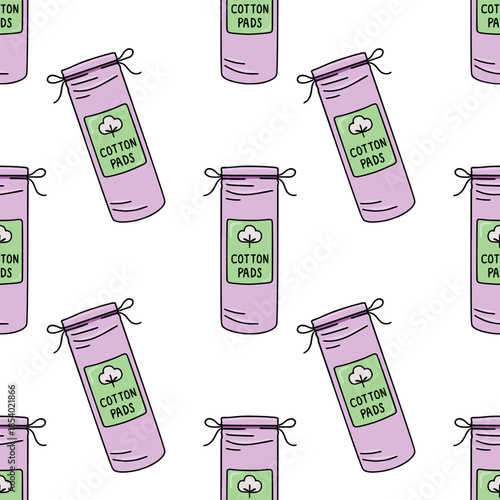 Seamless vector pattern featuring pastel purple cylindrical containers of cotton pads with green labels and delicate string ties, evoking a clean and gentle aesthetic.