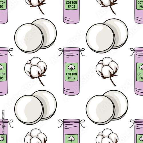 Seamless vector pattern featuring hand-drawn cotton pads and cotton bolls in a soft pastel color palette, perfect for beauty and cosmetic packaging.