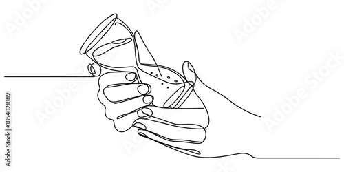 Continuous line drawing of hand holding hourglass