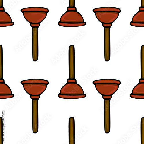 Seamless vector pattern featuring a repeating motif of classic brown plungers with dark outlines, ideal for plumbing or cleaning related backgrounds.