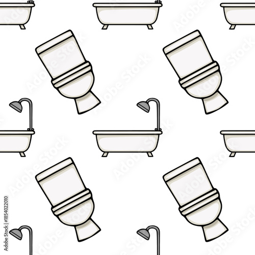 Seamless vector pattern featuring white porcelain bathtubs and showerheads on a clean white background, ideal for bathroom decor and design.
