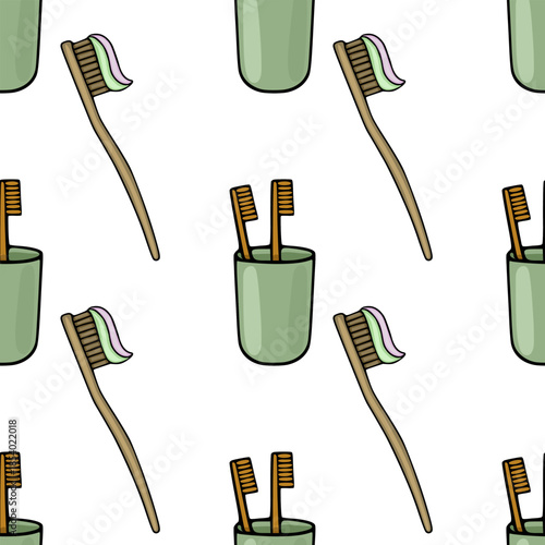 A seamless vector pattern featuring hand-drawn wooden bamboo toothbrushes with striped toothpaste and a pair of brushes in a green glass cup for sustainable bathroom decor.