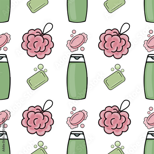 Seamless vector pattern of pastel green soap bars, pink fluffy bath poufs, and green shampoo bottles with soap bubbles, perfect for bathroom decor and personal care branding.