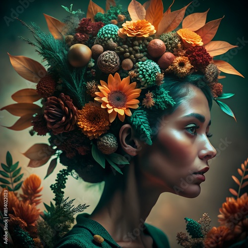 Surreal female portrait with flower crown and autumn forest elements, concept of natural beauty, floral art and creative design