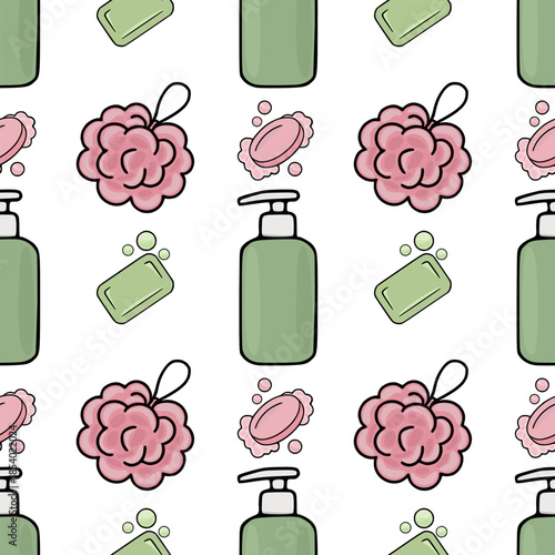A charming and simple seamless vector pattern featuring pastel green soap dispensers, pink loofahs, and light green bar soaps with playful soap bubbles.