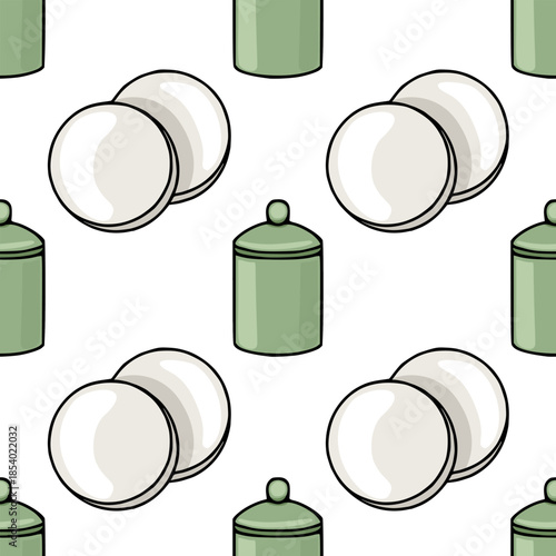 Seamless vector pattern depicting pairs of soft white cotton pads and small sage green apothecary jars with lids, ideal for bathroom interior or skincare routine design.