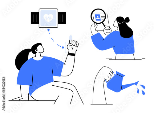 Health and wellness concept. smartwatch technology for fitness tracking, mindful activities thumbs up plant care, and research analysis promoting health and personal well-being. For fitness