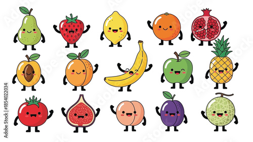 Collection of various cartoon fruits with smiling faces and cute expressions, perfect for design.