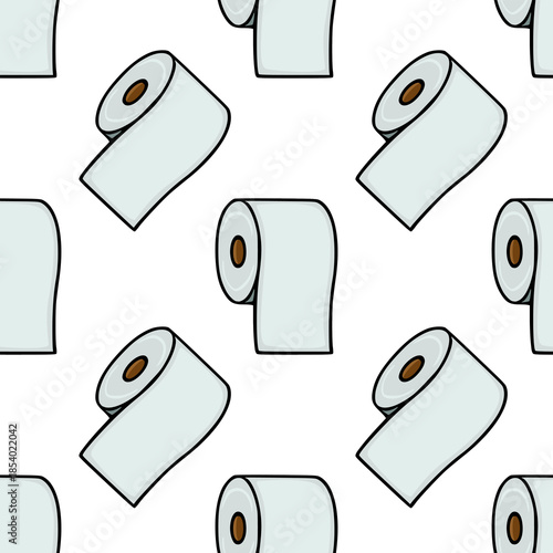 Seamless vector pattern of stylized toilet paper rolls with a light blue hue and brown centers, presented in a playful, repeating arrangement against a clean white background.