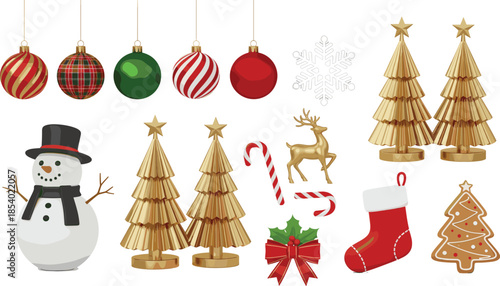 Festive Christmas holiday vector set with golden trees snowman red ornaments reindeer and winter decorations for seasonal greeting cards