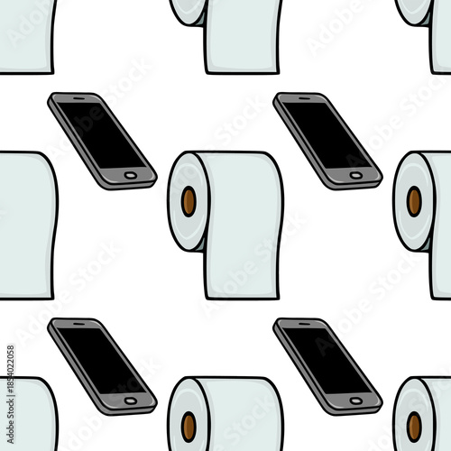 Seamless vector pattern featuring a minimalist illustration of toilet paper rolls and smartphones, creating a quirky and modern background.