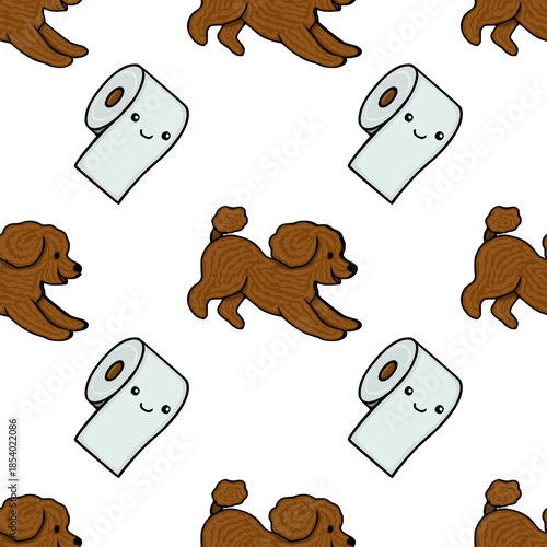 Adorable vector pattern featuring a playful brown poodle interacting with a cheerful toilet paper roll, set against a clean white background.